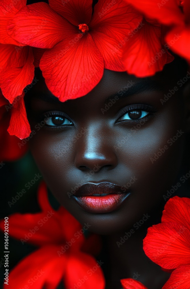 portrait of African woman surrounded by vibrant red flowers, ideal for beauty, elegance, and nature-inspired themes portrait of African woman surrounded by vibrant red flowers, ideal for beauty, elegance, and nature-inspired themes