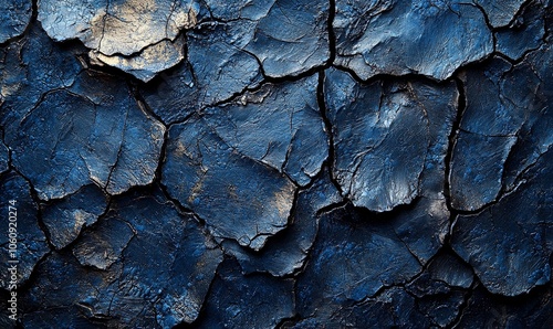 Abstract close-up of cracked blue surface resembling textured paint or natural material.