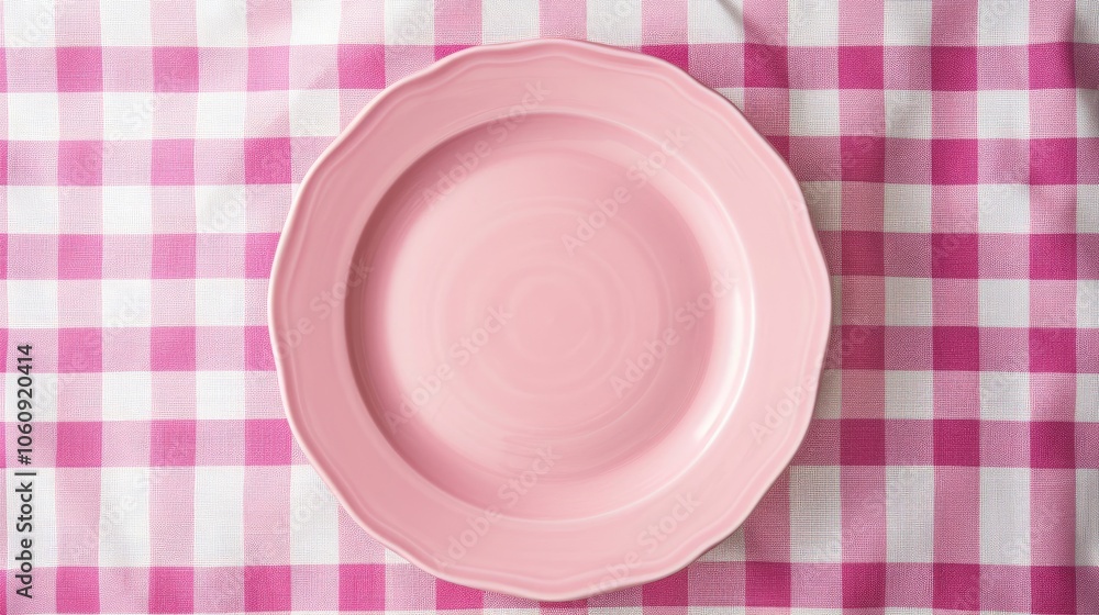 Empty pink plate on tablecloth with room for design. Empty pink plate on tablecloth with room for design.