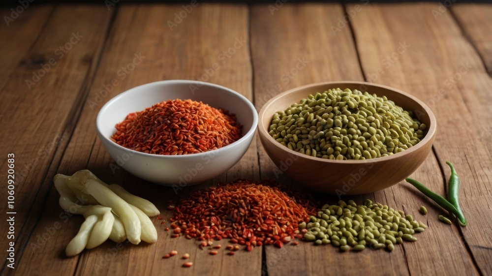 Spices and Grains Displayed in Bowls on Wooden Surface Spices and Grains Displayed in Bowls on Wooden Surface