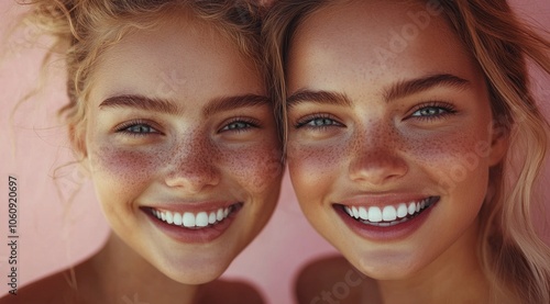 Portrait of two beautiful young women with flawless skin, smiling and showing their teeth against a pink background. sun-kissed skin and freckles, perfect for friendship, happiness, summer lifestyle