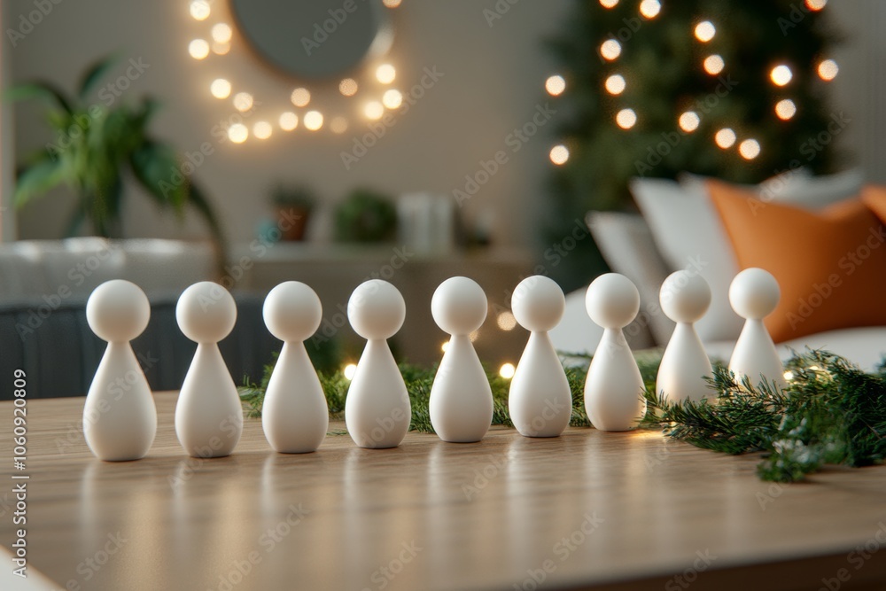 A row of white wooden figures on a wooden table in a home setting with Christmas lights in the background. A row of white wooden figures on a wooden table in a home setting with Christmas lights in the background.