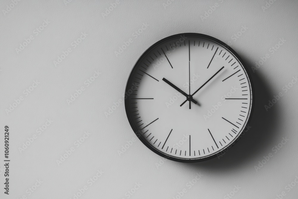 A modern clock on a minimalist wall. The simple design emphasizes time. This stylish clock is perfect for home or office decor. Generative AI A modern clock on a minimalist wall. The simple design emphasizes time. This stylish clock is perfect for home or office decor. Generative AI