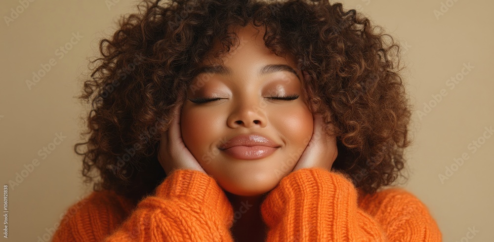 A photograph of an attractive plus-size African American woman with curly hair. ideal for themes of self-love, relaxation, and autumn warmth A photograph of an attractive plus-size African American woman with curly hair. ideal for themes of self-love, relaxation, and autumn warmth