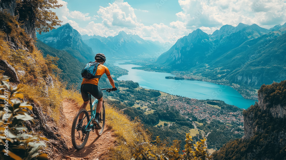 Cyclist exploring rugged mountain trail with breathtaking view of emerald lake and distant peaks adventure concept Cyclist exploring rugged mountain trail with breathtaking view of emerald lake and distant peaks adventure concept