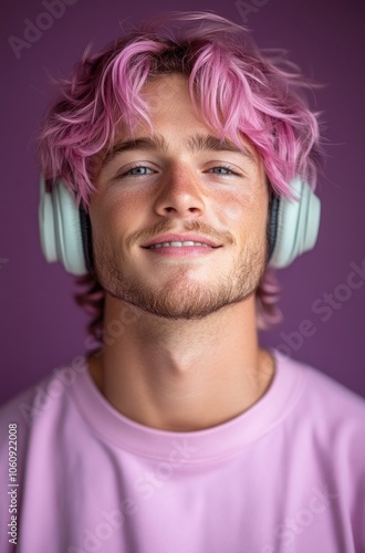 smiling young man with pink hair and headphones against purple background, perfect for music, youth culture, and self-expression themes