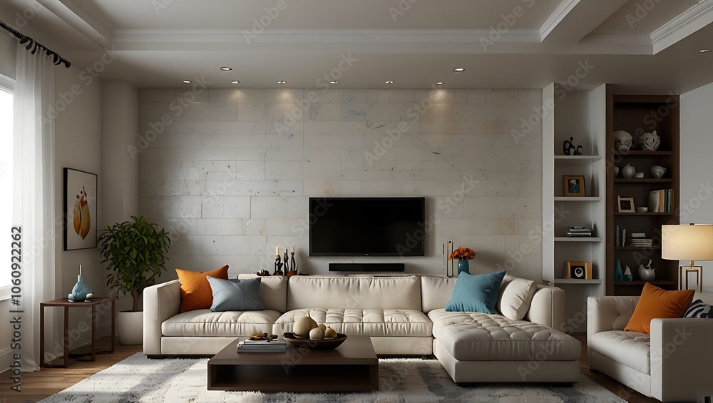 Fototapeta premium Modern Living Room with White Sectional Sofa and Recessed Lighting