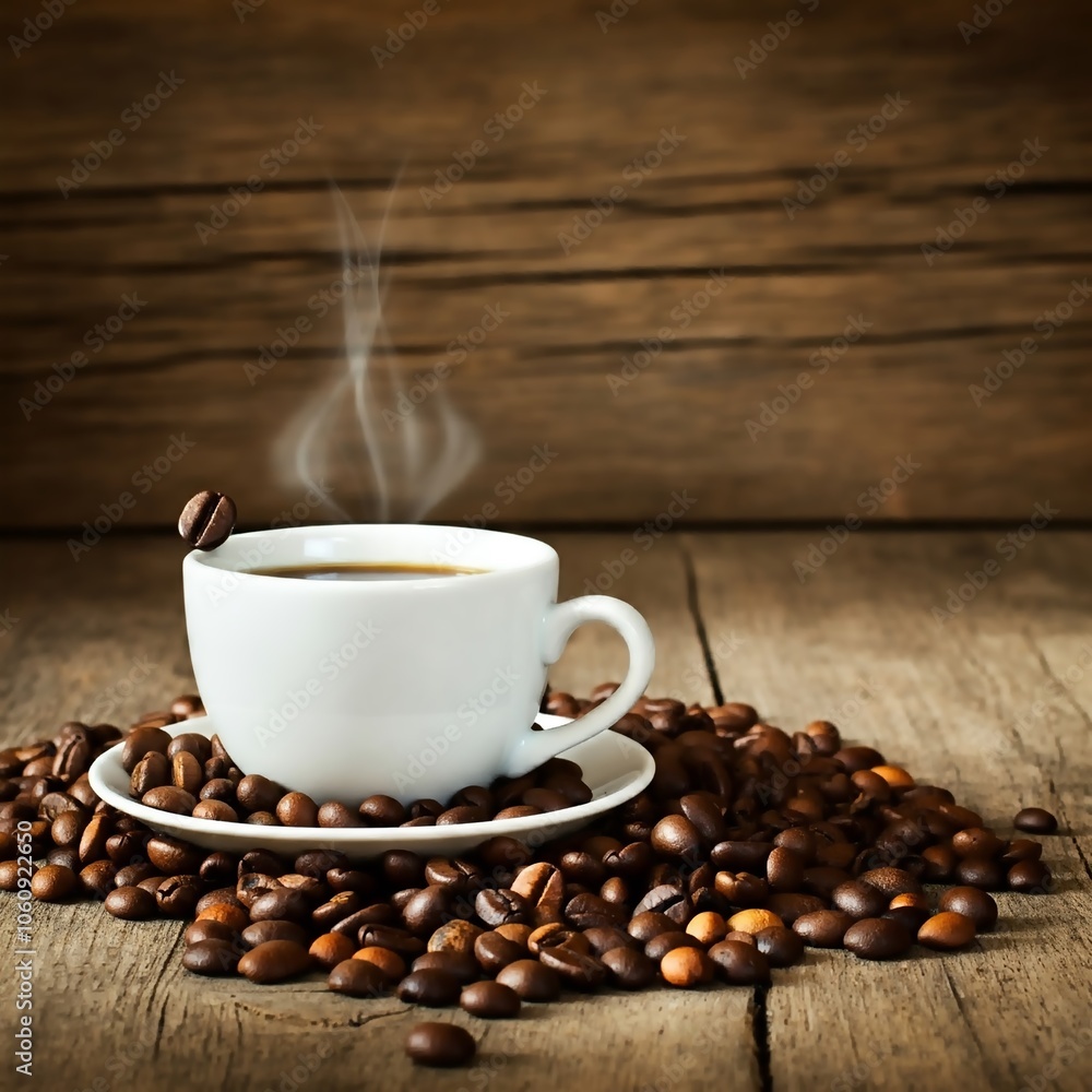 A steaming cup of coffee sits on a burlap sack with coffee beans scattered around. The background is a rustic brick or wooden wall. A steaming cup of coffee sits on a burlap sack with coffee beans scattered around. The background is a rustic brick or wooden wall.