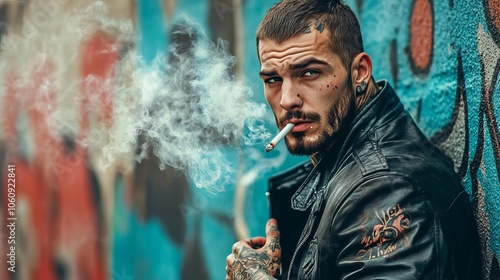 A tattooed man in a leather jacket smokes a cigarette against a colorful graffiti wall.