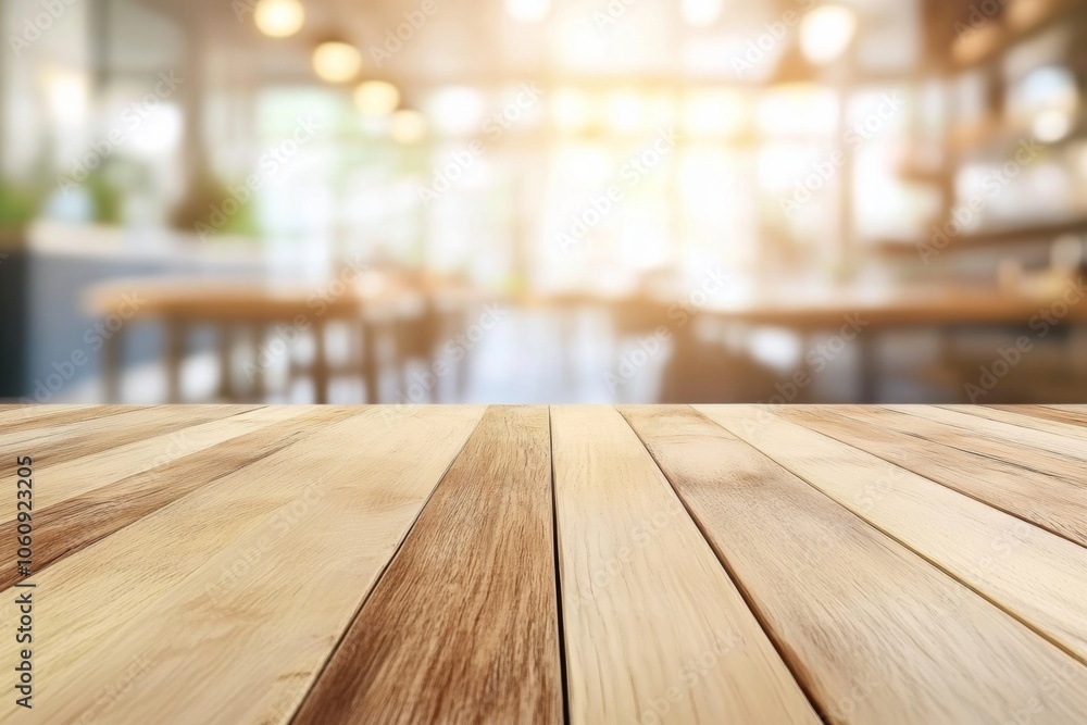A wooden table with a blurred background of a cafe setting. The warm light shining through the windows creates a welcoming ambiance. A wooden table with a blurred background of a cafe setting. The warm light shining through the windows creates a welcoming ambiance.