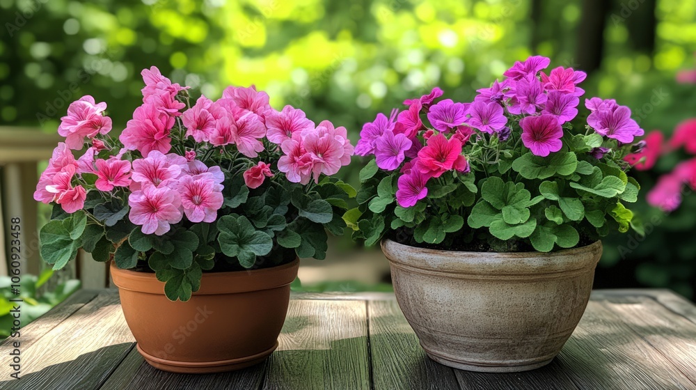 Two potted pink petunias in bloom on a wooden table in a garden. Two potted pink petunias in bloom on a wooden table in a garden.