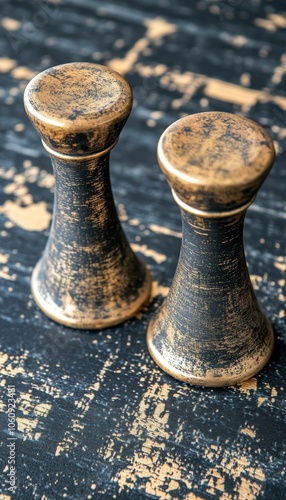 Two elegant, black and gold salt and pepper shakers sit on a rustic wooden table.