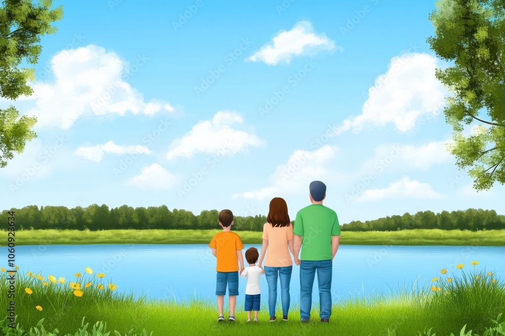 A joyful family, including a father, mother, and two children, admiring a serene lake under a bright blue sky. A joyful family, including a father, mother, and two children, admiring a serene lake under a bright blue sky.