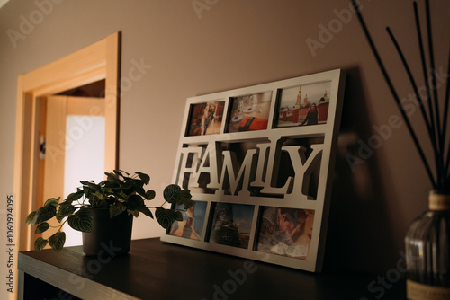 фотографія Family-themed photo frame on a shelf, showcasing cherished memories with a potte