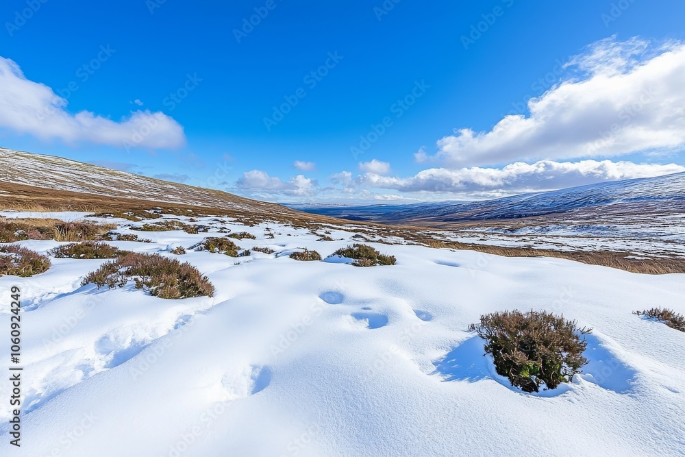 Grass patches are visible in the foreground of a snow-covered slope Grass patches are visible in the foreground of a snow-covered slope