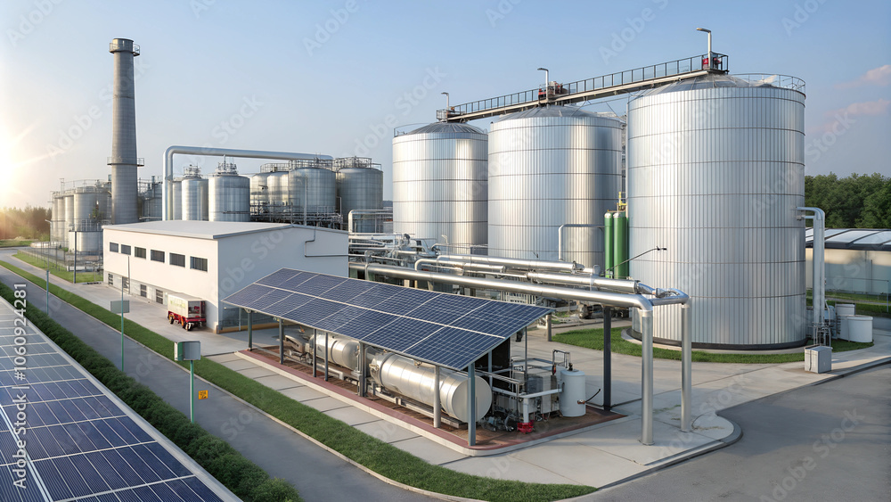 Obraz premium Advanced biofuel refinery with solar panels and storage tanks, showcasing sustainable energy