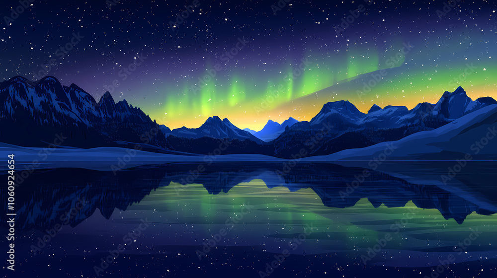 Stunning aurora borealis arching over a calm lake, with snow-covered mountains silhouetted against the night sky. Aurora Borealis Reflection. Illustration Stunning aurora borealis arching over a calm lake, with snow-covered mountains silhouetted against the night sky. Aurora Borealis Reflection. Illustration