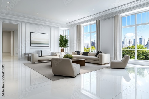 Modern minimalist living room with large windows, featuring a bright space and elegant furniture.