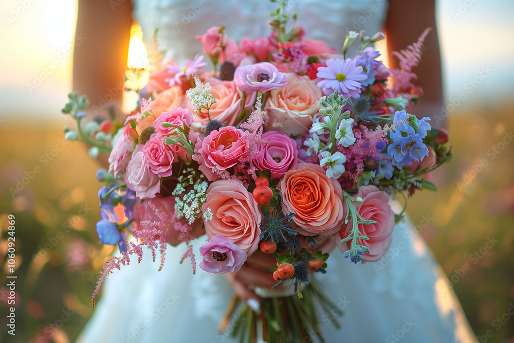 Obraz premium A beautiful bouquet of flowers in the hands of an bride.