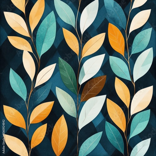 Abstract pattern with colorful leaves on a blue background.