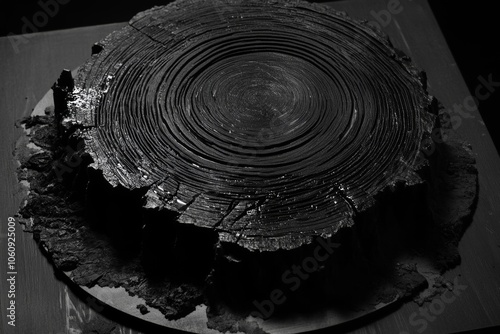 A close-up of a tree trunk cross-section, showcasing the intricate rings that tell a story of time and growth. photo