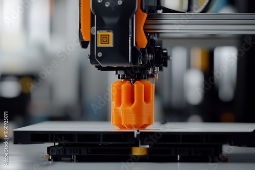 A close-up of a 3D printer showcasing its nozzle and build plate. This image depicts modern technology in action. Perfect for tech and innovation themes. Generative AI photo