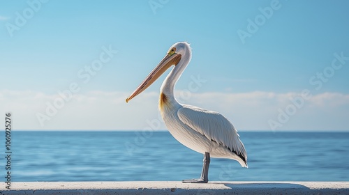 White pelican perched by the ocean on a sunny day