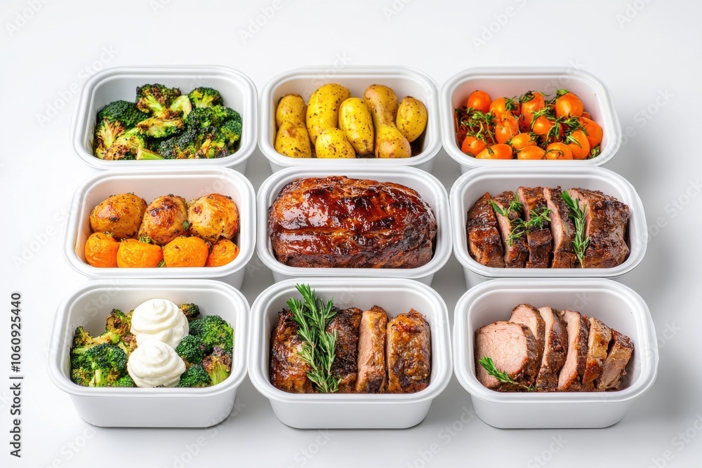 Delicious meal prep featuring a variety of healthy dishes in containers, perfect for a balanced diet. Delicious meal prep featuring a variety of healthy dishes in containers, perfect for a balanced diet.
