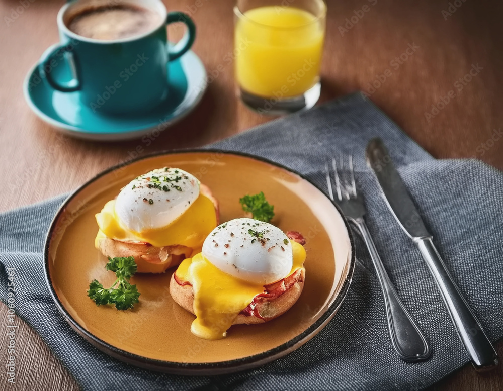 Fototapeta premium Eggs Benedict, Coffee and Juice AI