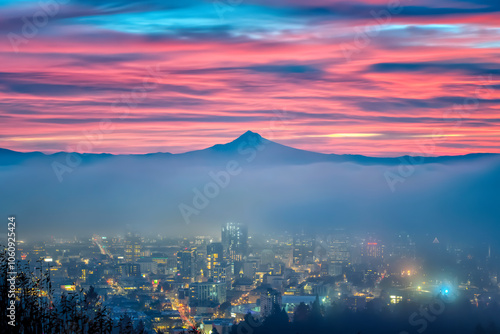 Foggy Sunrise with Mt. Hood and Portland, Oregon