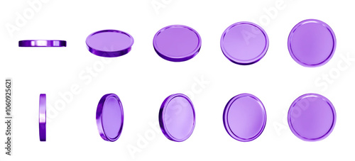 3d realistic purple metal coins in different views rotating vertically and horizontally. Shiny blank coins vector isolated set