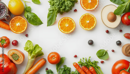 Balanced diet. Organic food for healthy nutrition. Top view copy space isolated with white shades, png