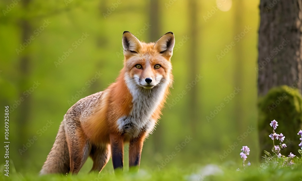 Obraz premium close up of fox against the background of blooming green spring forest