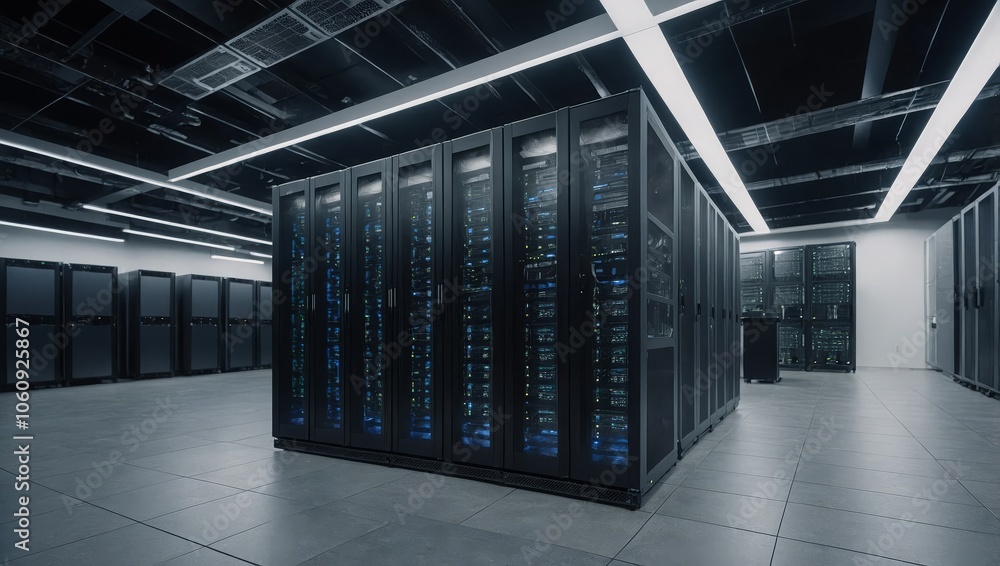 A data center with rows of virtual machines, Computer networking server room in office A data center with rows of virtual machines, Computer networking server room in office