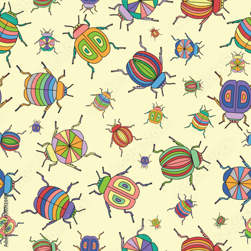 Print of bright multi-colored beetles. Children's background