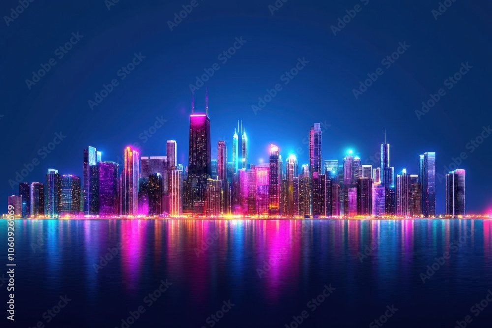 Vibrant city skyline at night, showcasing colorful skyscrapers reflecting on calm waters. Vibrant city skyline at night, showcasing colorful skyscrapers reflecting on calm waters.