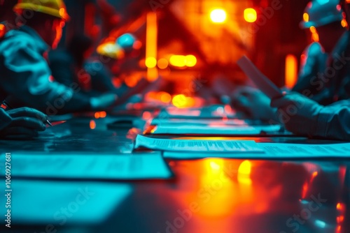 Vibrant industrial meeting scene captured in dynamic lighting. Workers engaging with documents on a glossy table. The colors create an energetic atmosphere. Generative AI