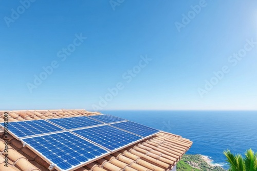 Solar panels on a terracotta rooftop overlooking a serene ocean view, showcasing renewable energy amidst clear skies. photo