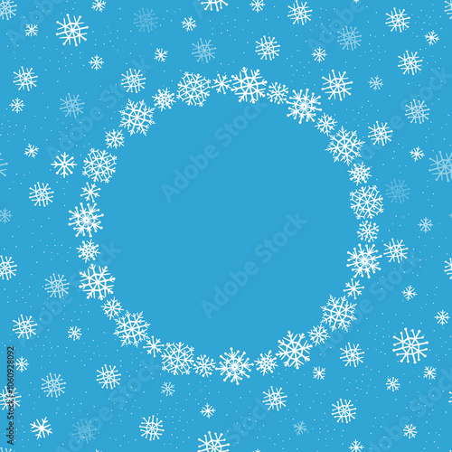 Festive New Year, Christmas card with a round frame and flying snowflakes. Vector illustration on a blue background.