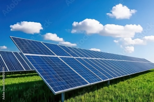 A vibrant solar panel field basking under a clear blue sky with fluffy clouds, showcasing renewable energy. photo