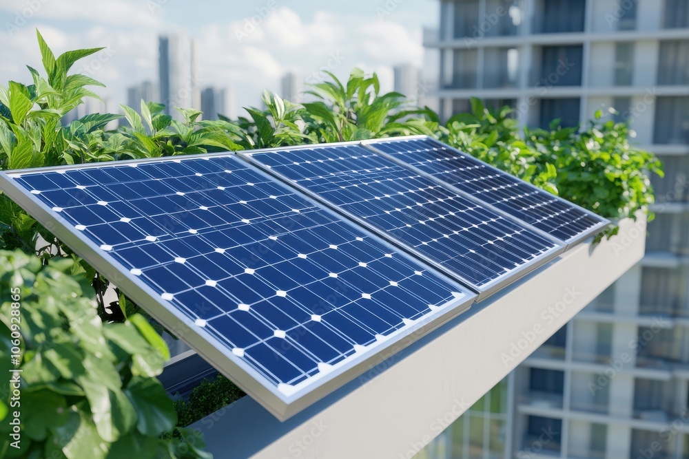 Fototapeta premium Solar panels atop a modern balcony surrounded by vibrant greenery, symbolizing sustainability and eco-friendliness.