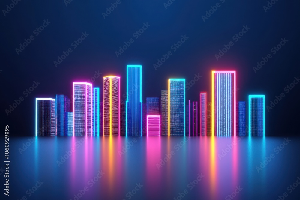 A vibrant city skyline featuring neon-lit buildings in striking hues of pink, blue, and yellow, reflecting on a sleek surface. A vibrant city skyline featuring neon-lit buildings in striking hues of pink, blue, and yellow, reflecting on a sleek surface.