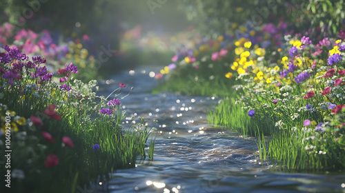 A Picturesque Mellifluent River Flowing Through a Valley of Blossoming Wildflowers and Singing Birds photo