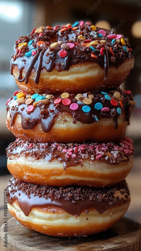 A tower of colorful donuts with various toppings, fun and vibrant, bakery setting A tower of colorful donuts with various toppings, fun and vibrant, bakery setting