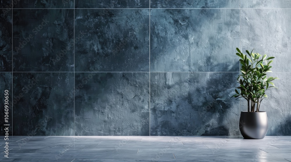 Modern interior concept with dark blue stone wall, textured decor, and plant vase. Home parquet setting. Modern interior concept with dark blue stone wall, textured decor, and plant vase. Home parquet setting.