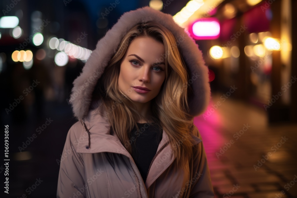 Beautiful young woman in winter coat at night in the city. Beautiful young woman in winter coat at night in the city.