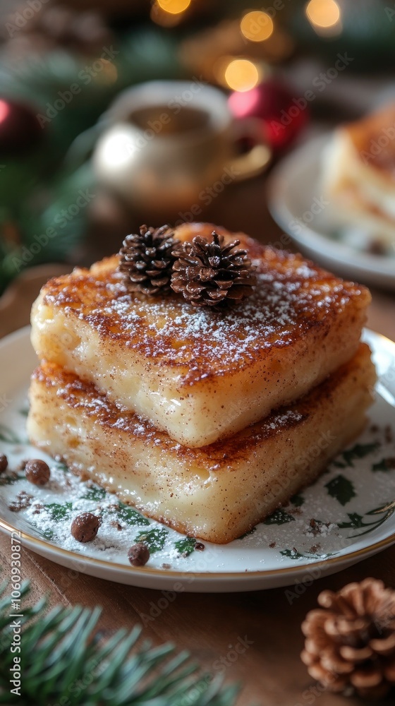 Brazilian rabanada slices, similar to French toast, dusted with cinnamon and sugar, served on a holiday-themed plate with seasonal decorations, warm, inviting lighting Brazilian rabanada slices, similar to French toast, dusted with cinnamon and sugar, served on a holiday-themed plate with seasonal decorations, warm, inviting lighting