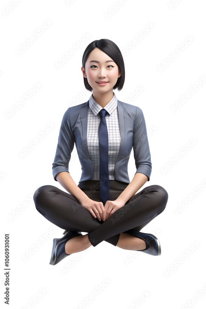3D rendering of An office lady, she is sitting cross-legged on mid-air 3D rendering of An office lady, she is sitting cross-legged on mid-air