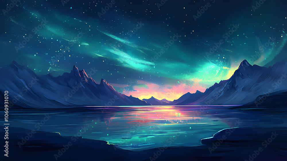 Vibrant aurora lights over the ocean, ideal for a breathtaking wallpaper. Aurora Borealis Reflection. Illustration Vibrant aurora lights over the ocean, ideal for a breathtaking wallpaper. Aurora Borealis Reflection. Illustration