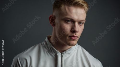 Young Caucasian man with a serious expression wearing a white jacket against a dark background